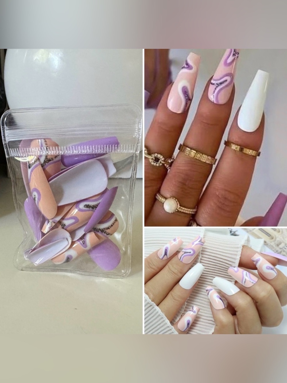 3/$15 Coffin Fake Nails Purple and Peach Long Coffin